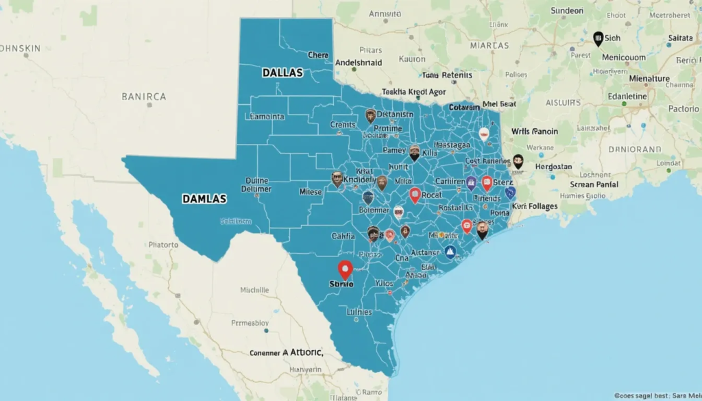 A map of Texas with major cities like Dallas, Houston, San Antonio, and Austin highlighted, along with icons of real estate agents