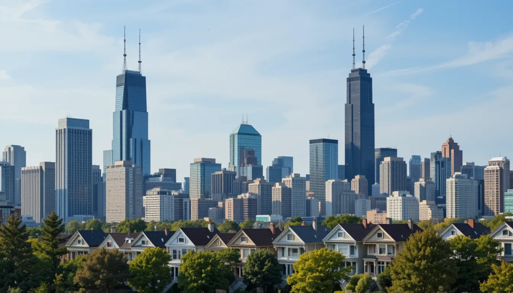 A modern Chicago skyline with homes for sale signs scattered in the foreground