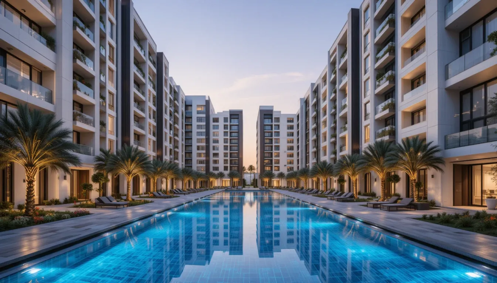 A modern residential complex in Dubai with expat families enjoying outdoor spaces
