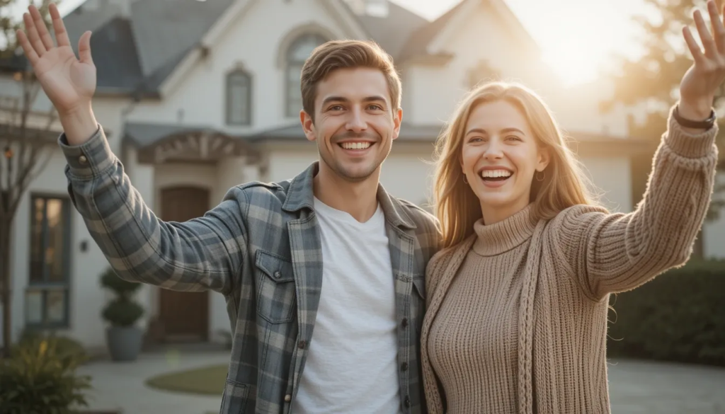 A couple smiling as they receive approval for home loan refinancing in 2025